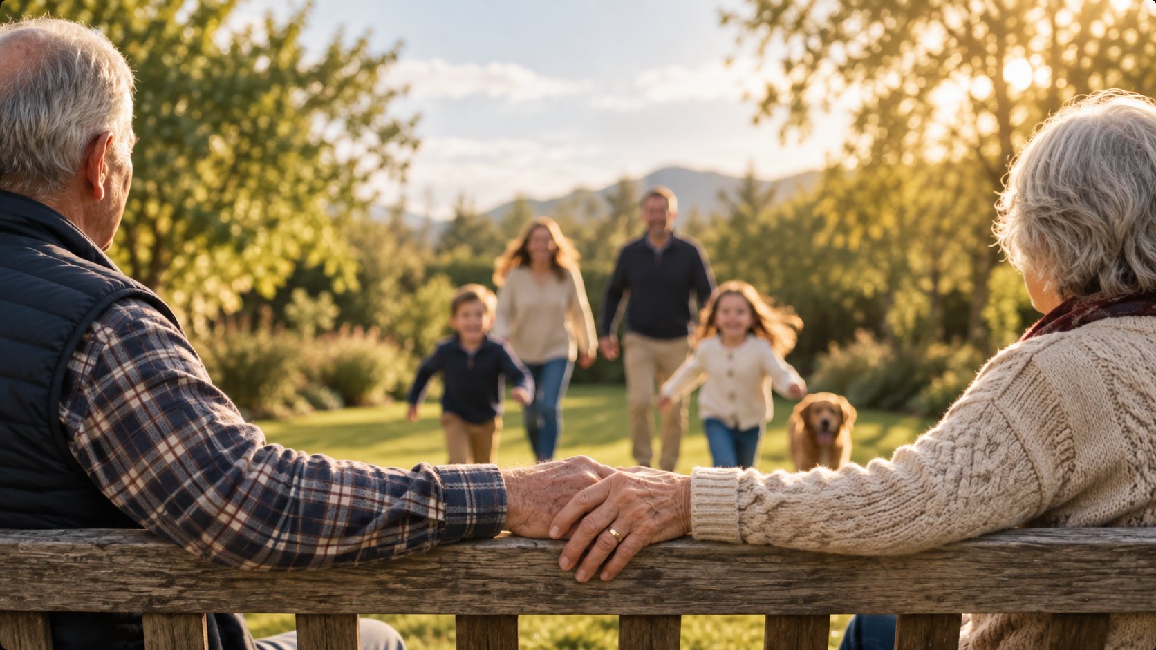 Grandparents on a garden bench holding hands as their children and grandchildren approach