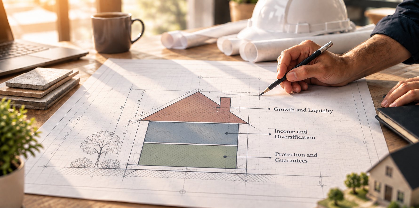 Architect's blueprint of a home labeled Growth and Liquidity, Income and Diversification, and Protection and Guarantees — the Fiscal Home structure