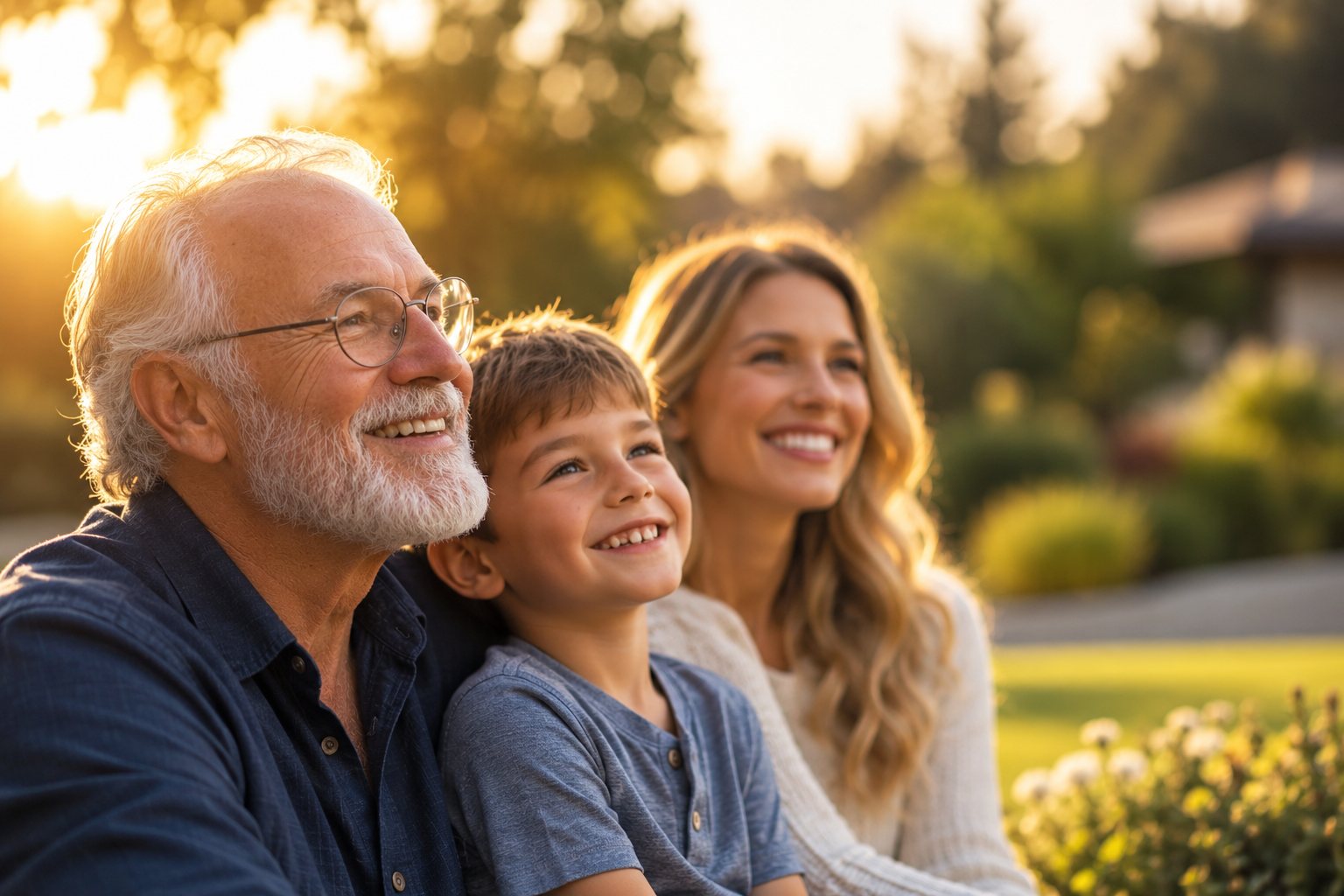 Three generations of a family together outdoors at sunset